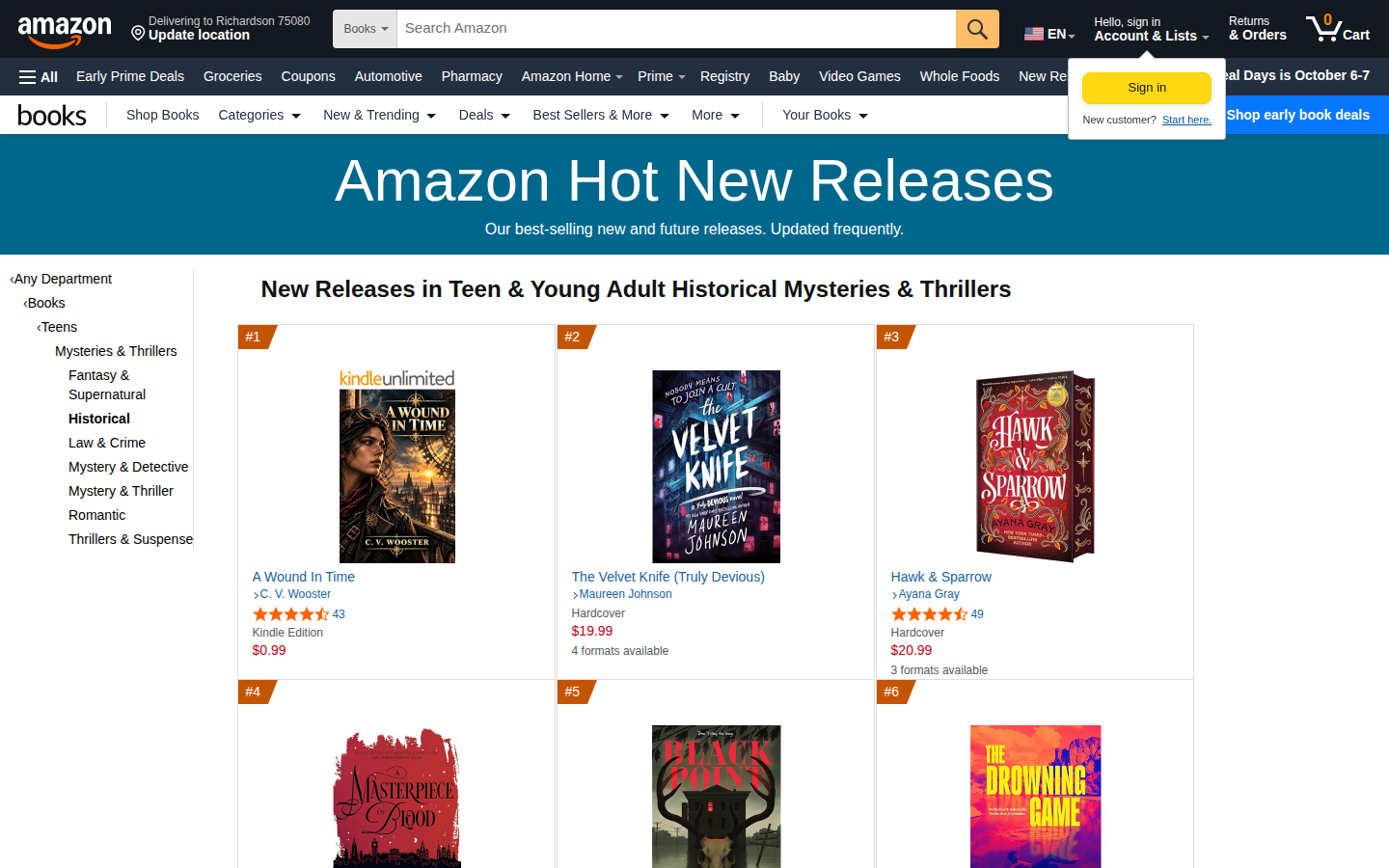 #1 Amazon Hot New Release in Teen & Young Adult Historical Mysteries & Thrillers — September 15 2026